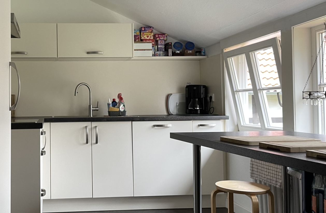 Küche mit kochzeile und langem Tisch